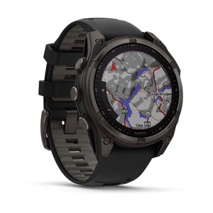 fēnix® 8 – 47 mm, Solar, Sapphire, Carbon Grey DLC-Titan mit Schwarz/Pebble Grey Silikonarmband – Garmin