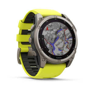 fēnix® 8 – 51 mm, Solar, Saphir, Titan mit Amp Yellow/Graphite-Silikonarmband – Garmin