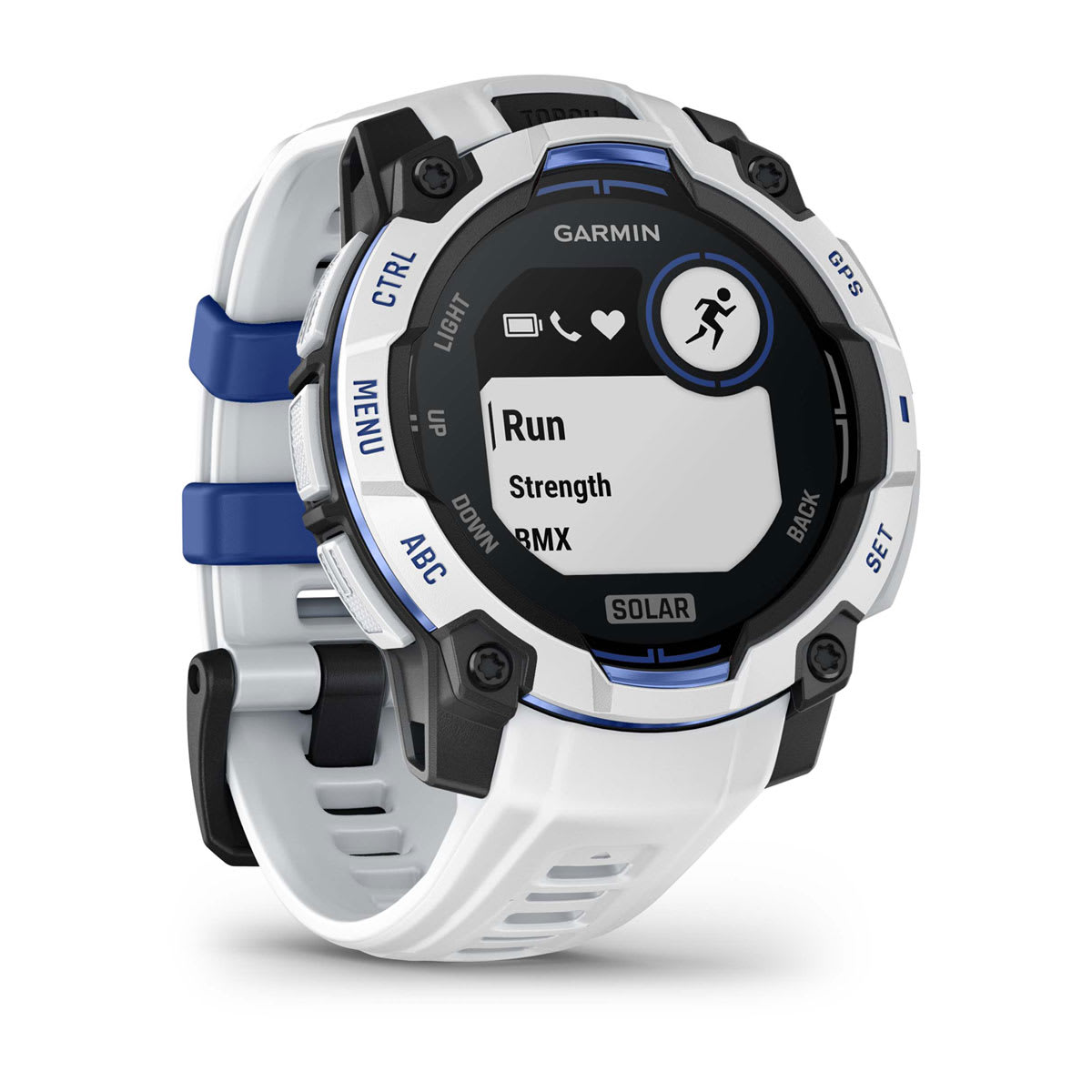 Instinct® 3 – 45 mm, Solar, Whitestone mit Whitestone/Bolt Blue Armband – Garmin