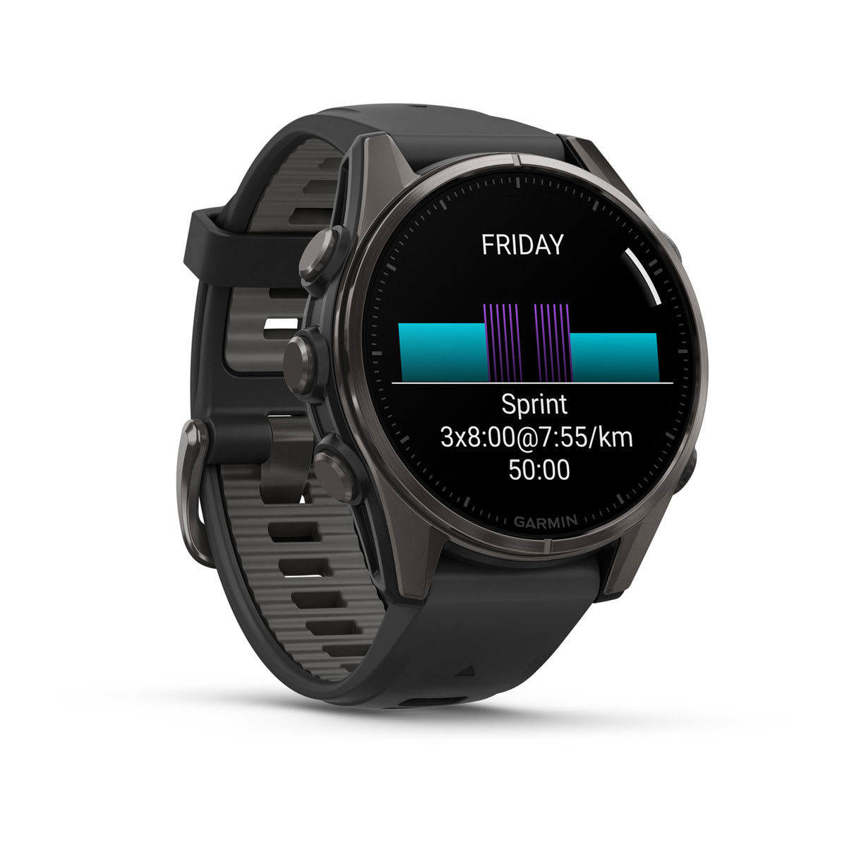 fēnix® 8 – 43 mm, AMOLED, Sapphire, Carbon Grey DLC-Titan mit Schwarz/Pebble Grey-Silikonarmband – Garmin