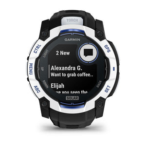 Instinct® 3 – 50 mm, Solar, Whitestone mit Schwarz/Bolt Blue Armband – Garmin