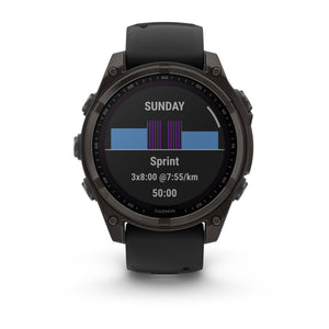 fēnix® 8 – 47 mm, Solar, Sapphire, Carbon Grey DLC-Titan mit Schwarz/Pebble Grey Silikonarmband – Garmin