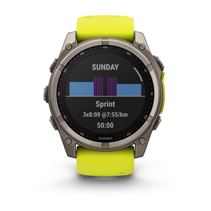 fēnix® 8 – 51 mm, Solar, Saphir, Titan mit Amp Yellow/Graphite-Silikonarmband – Garmin