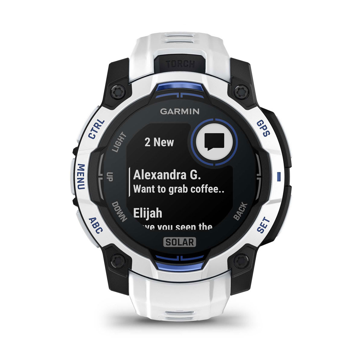 Instinct® 3 – 45 mm, Solar, Whitestone mit Whitestone/Bolt Blue Armband – Garmin