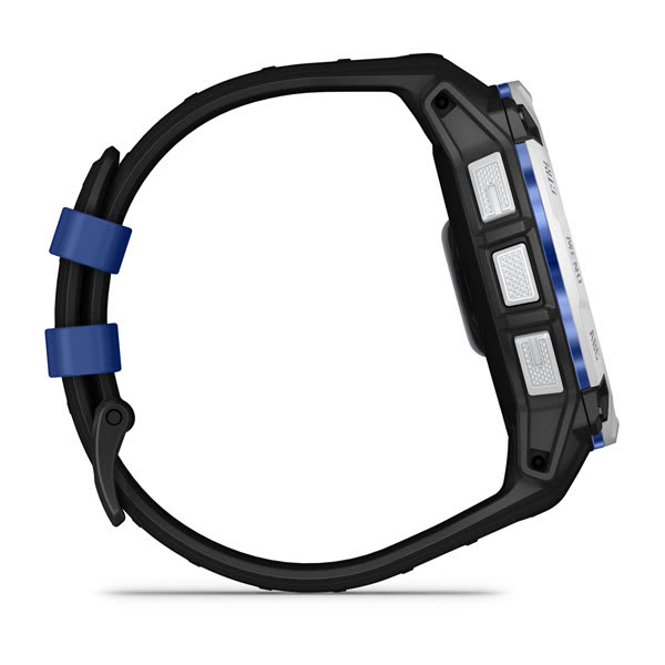 Instinct® 3 – 50 mm, Solar, Whitestone mit Schwarz/Bolt Blue Armband – Garmin