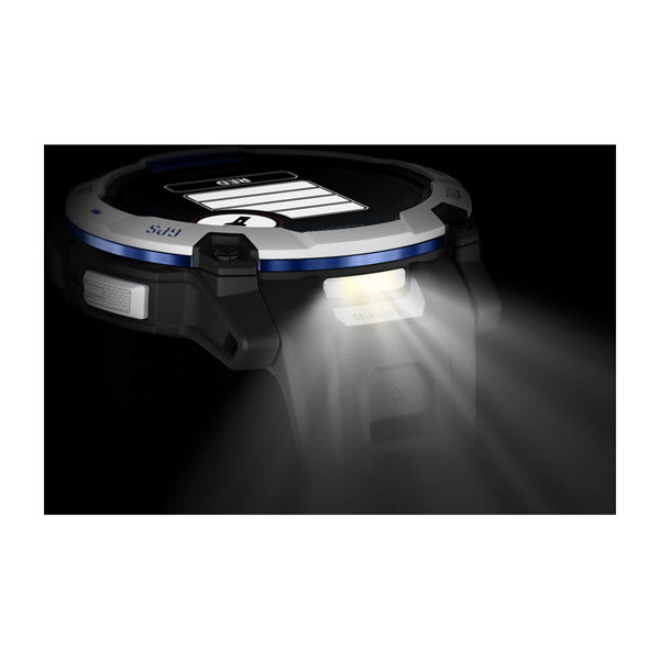 Instinct® 3 – 50 mm, Solar, Whitestone mit Schwarz/Bolt Blue Armband – Garmin