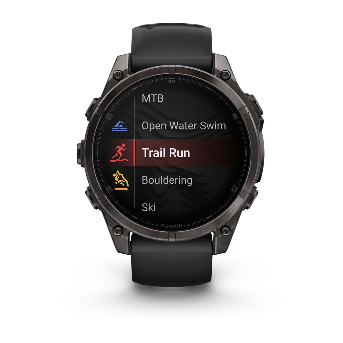 fēnix® 8 – 47 mm, AMOLED, Saphir, Carbon Grey DLC-Titan mit Schwarz/Pebble Grey Silikonarmband – Garmin