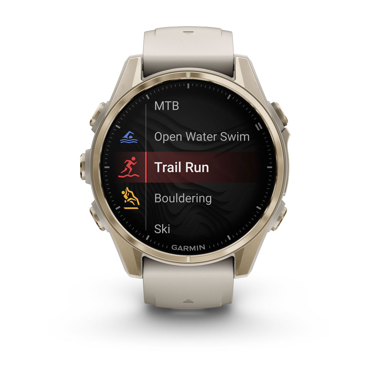 fēnix® 8 – 43 mm, AMOLED, Sapphire, Soft Gold mit Fog Grey/Dark Sandstone Silikonarmband – Garmin