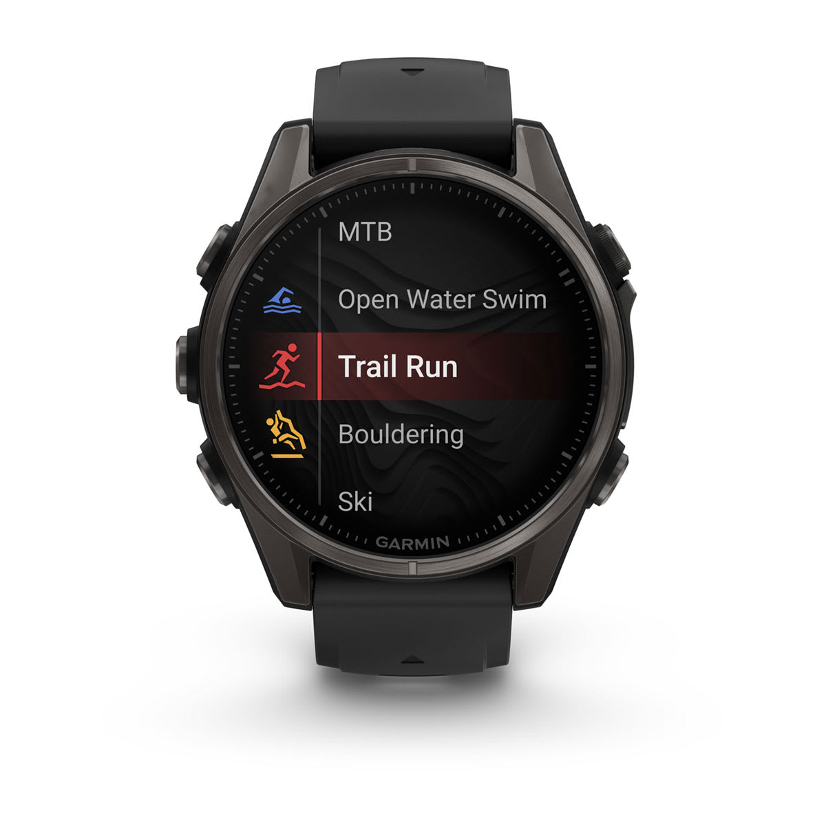 fēnix® 8 – 43 mm, AMOLED, Sapphire, Carbon Grey DLC-Titan mit Schwarz/Pebble Grey-Silikonarmband – Garmin