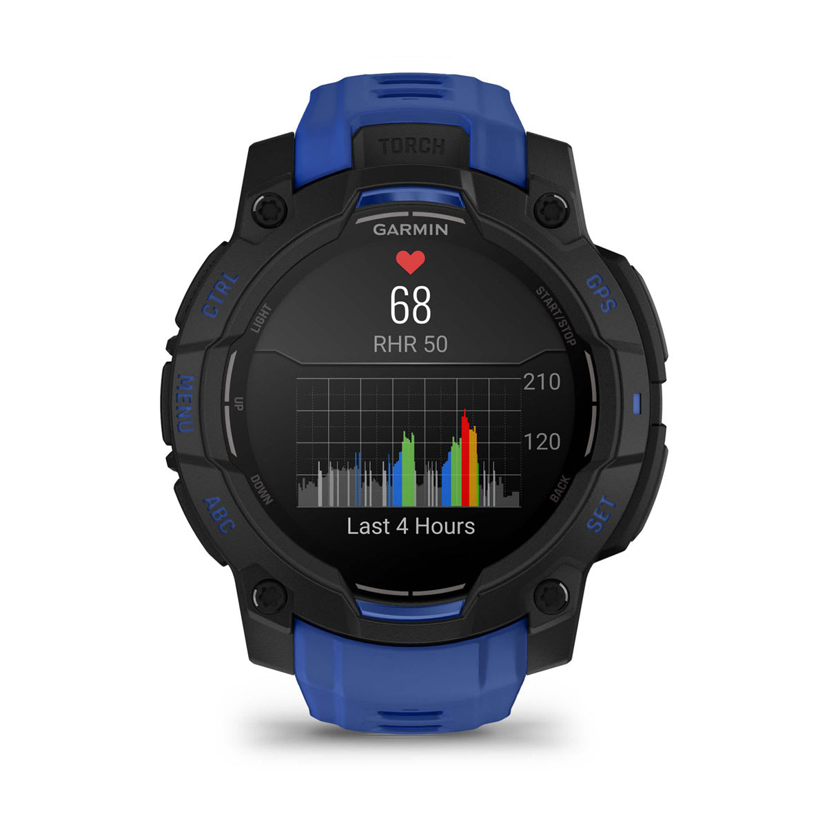 Instinct® 3 – 45 mm, AMOLED, Schwarz mit Bolt Blue/Schwarz Armband – Garmin