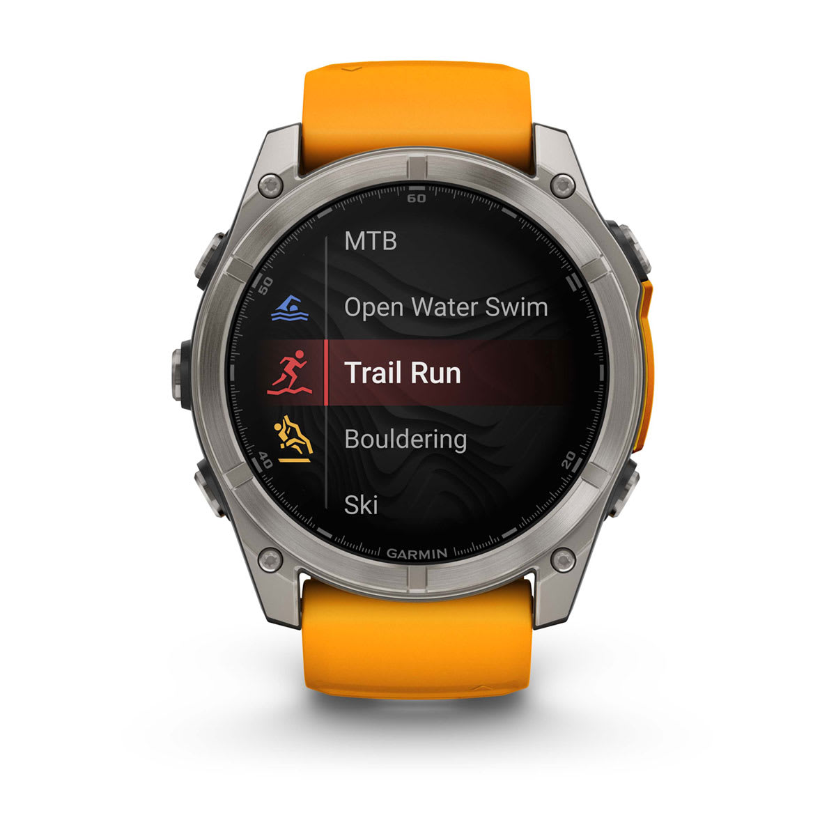 fēnix® 8 – 51 mm, AMOLED, Sapphire, Titanium mit Spark Orange/Graphite Silikonarmband – Garmin