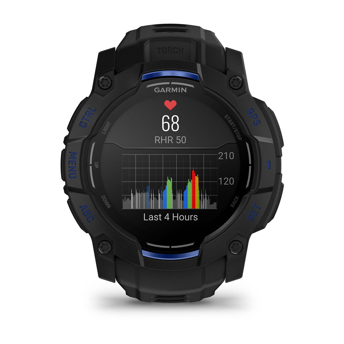 Instinct® 3 – 50 mm, AMOLED, Schwarz mit Schwarz/Bolt Blue Armband – Garmin