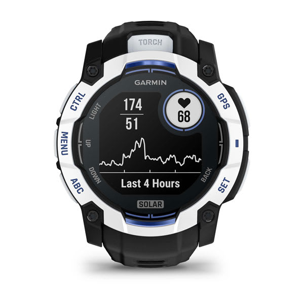 Instinct® 3 – 50 mm, Solar, Whitestone mit Schwarz/Bolt Blue Armband – Garmin