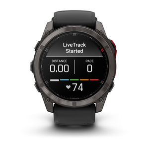 fēnix® 8 Pro – 51 mm, MicroLED, Saphir, Carbon Grey DLC-Titan mit Schwarz/Pebble Grey Silikonarmband – Garmin