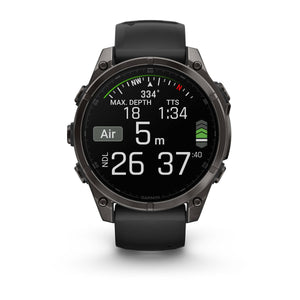 fēnix® 8 – 47 mm, AMOLED, Saphir, Carbon Grey DLC-Titan mit Schwarz/Pebble Grey Silikonarmband – Garmin
