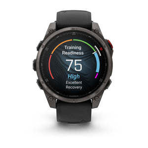 fēnix® 8 Pro – 47 mm, AMOLED, Saphir, Carbon Grey DLC-Titanium mit Schwarz/Pebble Grey Silikonarmband – Garmin