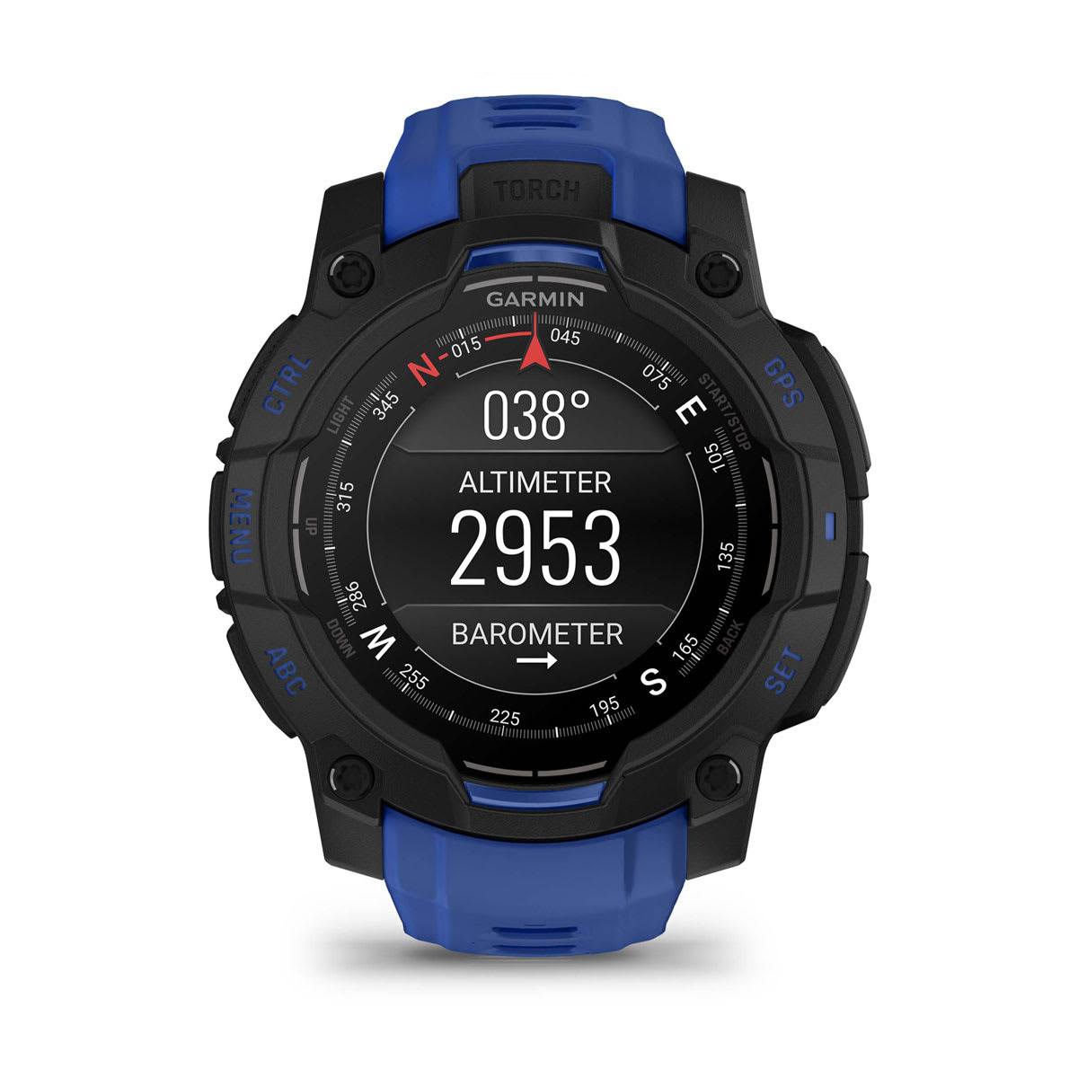 Instinct® 3 – 45 mm, AMOLED, Schwarz mit Bolt Blue/Schwarz Armband – Garmin
