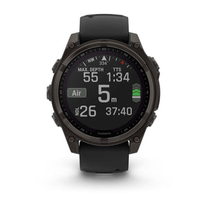 fēnix® 8 – 47 mm, Solar, Sapphire, Carbon Grey DLC-Titan mit Schwarz/Pebble Grey Silikonarmband – Garmin