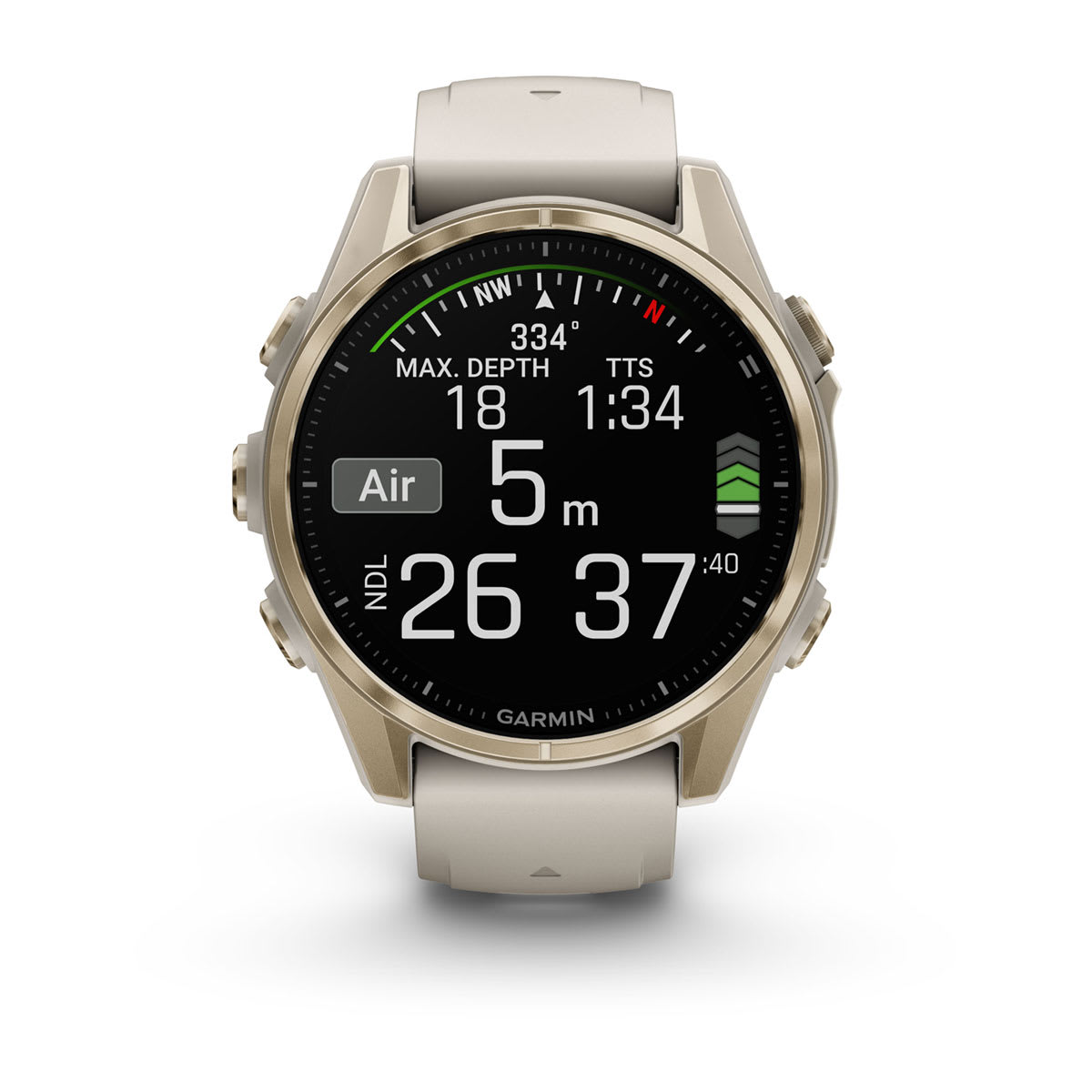 fēnix® 8 – 43 mm, AMOLED, Sapphire, Soft Gold mit Fog Grey/Dark Sandstone Silikonarmband – Garmin