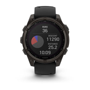 fēnix® 8 – 47 mm, Solar, Sapphire, Carbon Grey DLC-Titan mit Schwarz/Pebble Grey Silikonarmband – Garmin