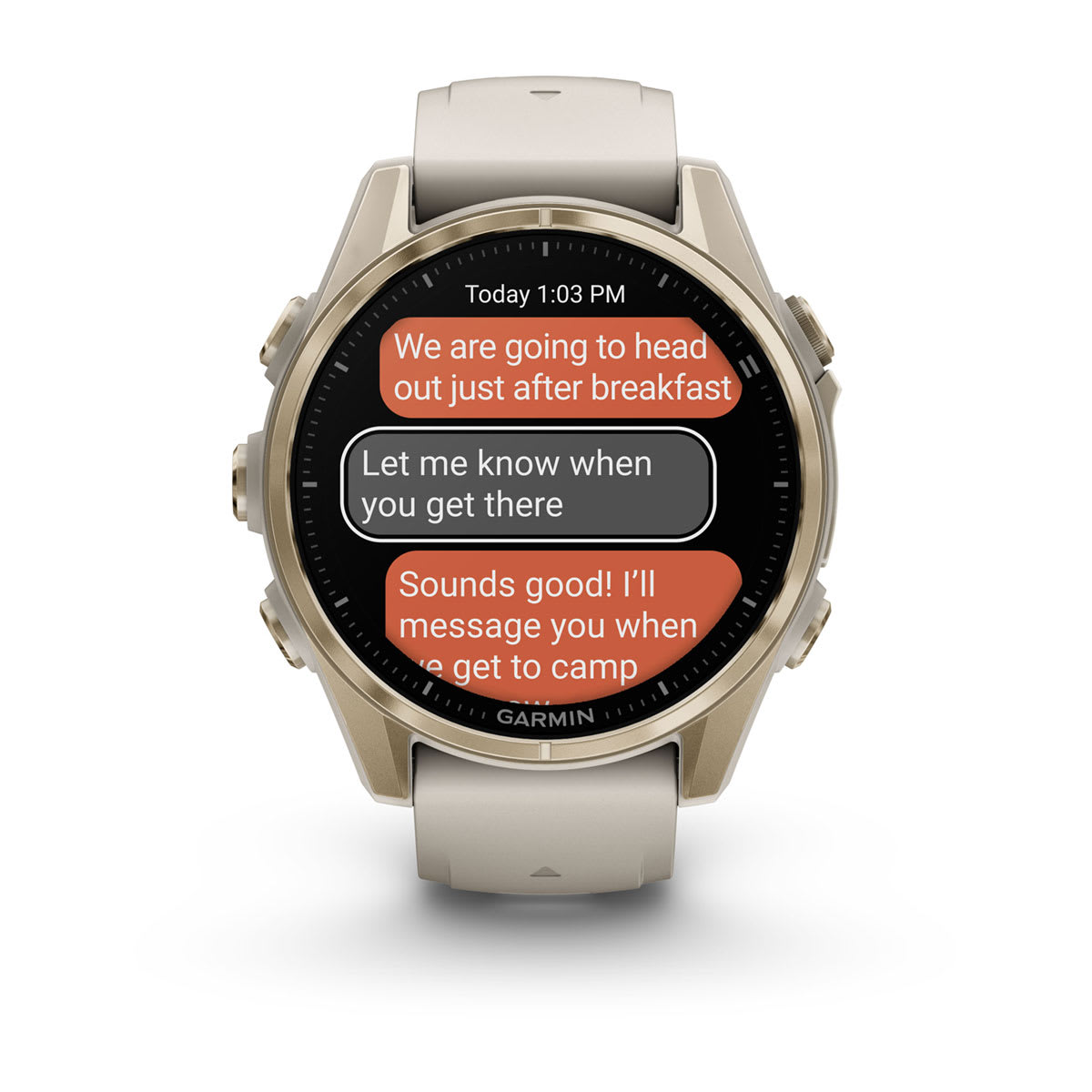 fēnix® 8 – 43 mm, AMOLED, Sapphire, Soft Gold mit Fog Grey/Dark Sandstone Silikonarmband – Garmin