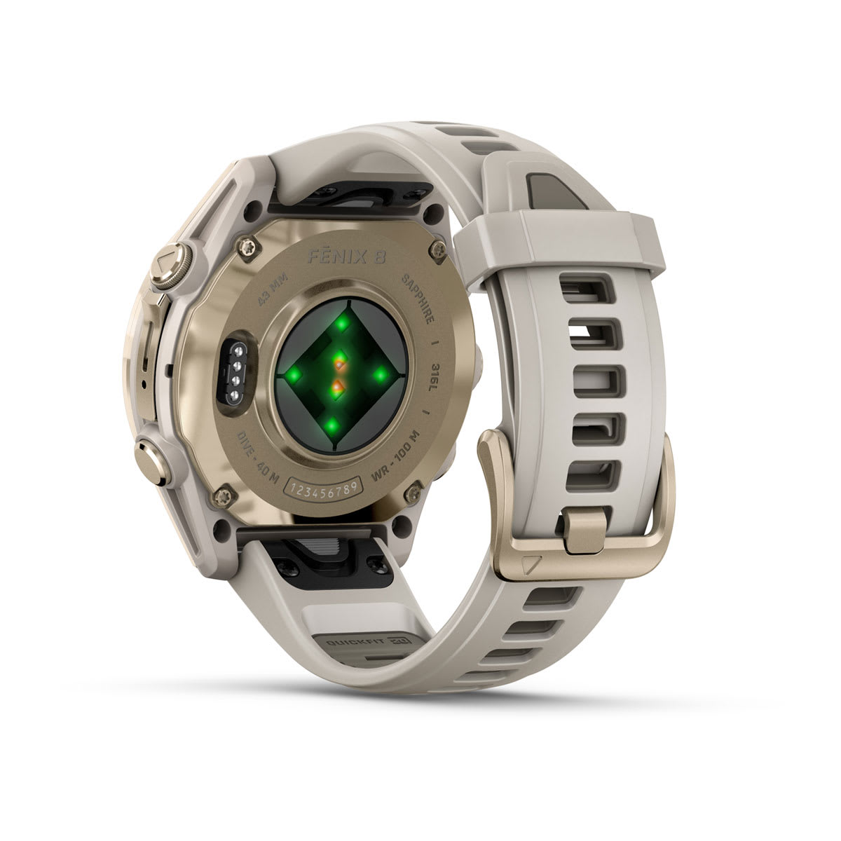 fēnix® 8 – 43 mm, AMOLED, Sapphire, Soft Gold mit Fog Grey/Dark Sandstone Silikonarmband – Garmin