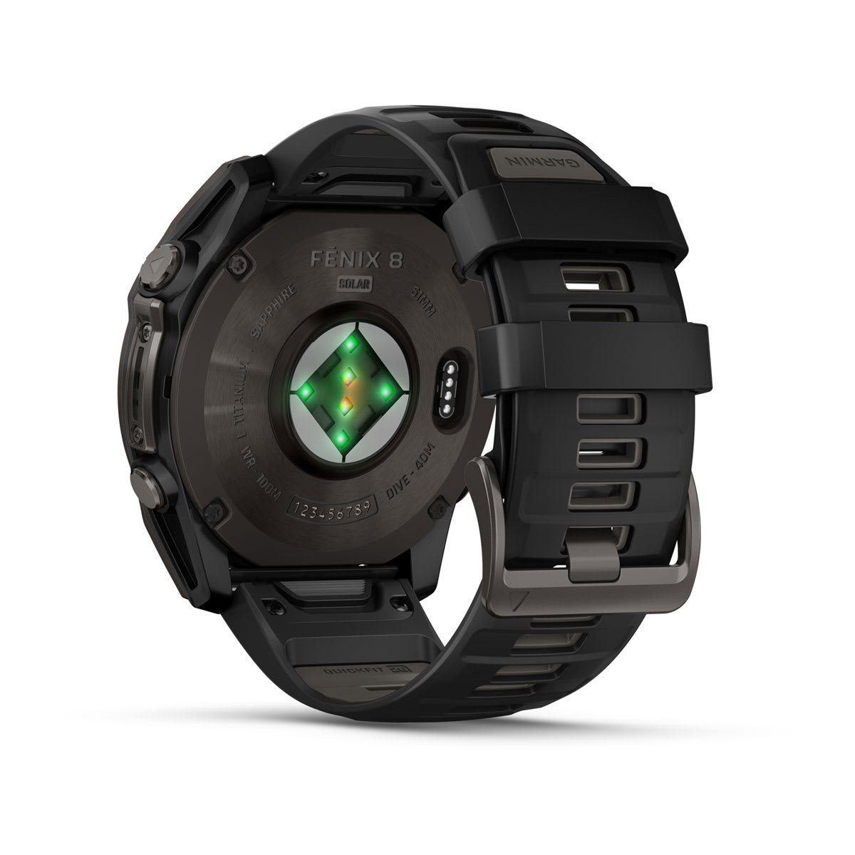 fēnix® 8 – 51 mm, Solar, Sapphire, Carbon Grey DLC-Titanium mit Schwarz/Pebble Grey Silikonarmband – Garmin