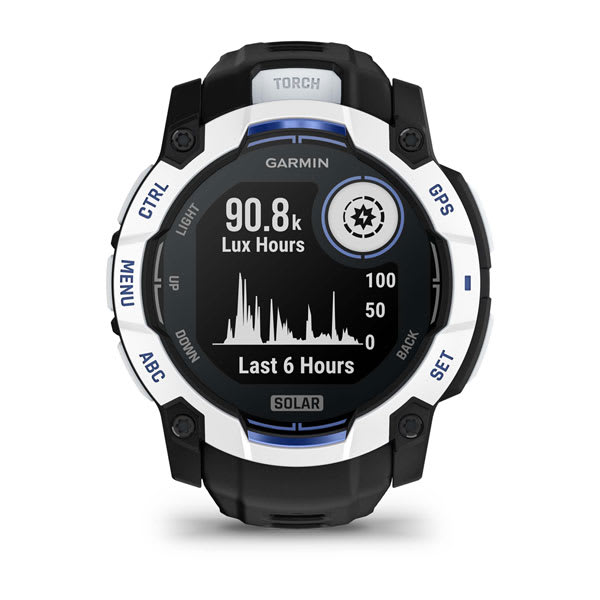 Instinct® 3 – 50 mm, Solar, Whitestone mit Schwarz/Bolt Blue Armband – Garmin