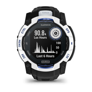 Instinct® 3 – 50 mm, Solar, Whitestone mit Schwarz/Bolt Blue Armband – Garmin