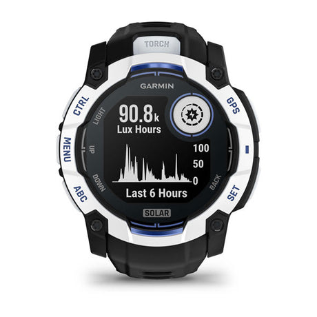 Instinct® 3 – 50 mm, Solar, Whitestone mit Schwarz/Bolt Blue Armband – Garmin