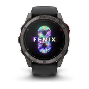 fēnix® 8 Pro – 51 mm, MicroLED, Saphir, Carbon Grey DLC-Titan mit Schwarz/Pebble Grey Silikonarmband – Garmin