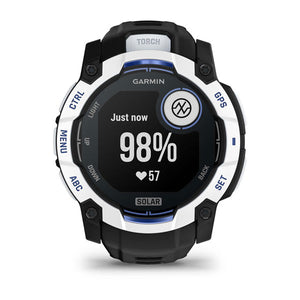 Instinct® 3 – 50 mm, Solar, Whitestone mit Schwarz/Bolt Blue Armband – Garmin
