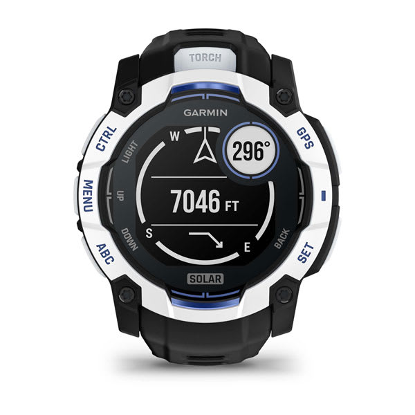 Instinct® 3 – 50 mm, Solar, Whitestone mit Schwarz/Bolt Blue Armband – Garmin