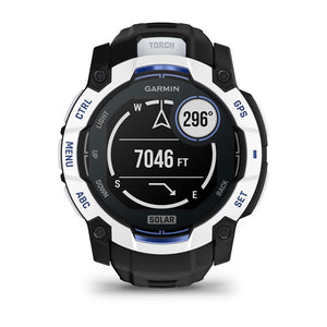 Instinct® 3 – 50 mm, Solar, Whitestone mit Schwarz/Bolt Blue Armband – Garmin