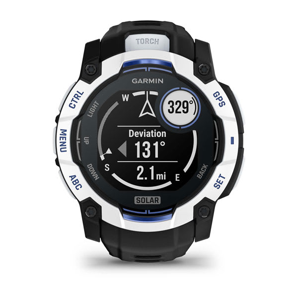 Instinct® 3 – 50 mm, Solar, Whitestone mit Schwarz/Bolt Blue Armband – Garmin