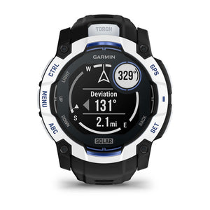 Instinct® 3 – 50 mm, Solar, Whitestone mit Schwarz/Bolt Blue Armband – Garmin