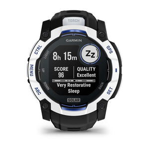 Instinct® 3 – 50 mm, Solar, Whitestone mit Schwarz/Bolt Blue Armband – Garmin
