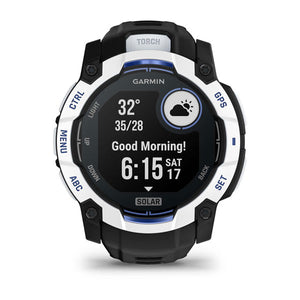 Instinct® 3 – 50 mm, Solar, Whitestone mit Schwarz/Bolt Blue Armband – Garmin