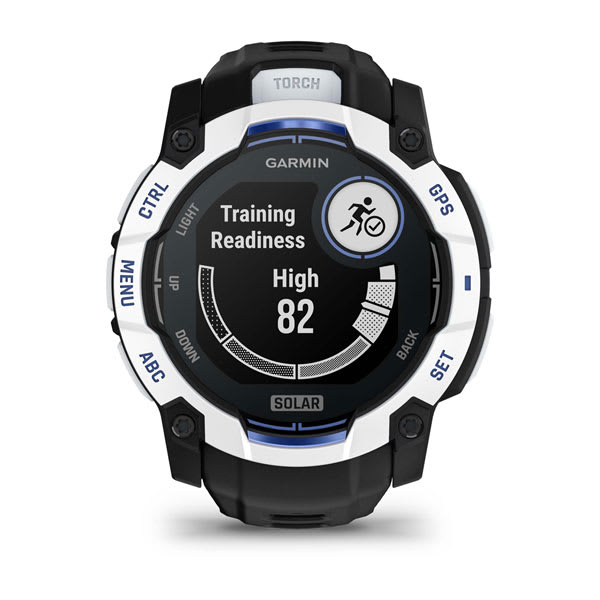 Instinct® 3 – 50 mm, Solar, Whitestone mit Schwarz/Bolt Blue Armband – Garmin