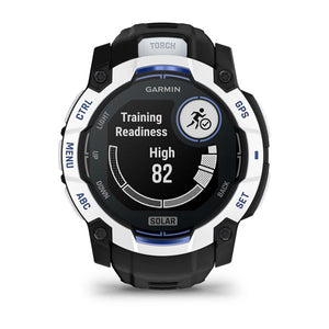 Instinct® 3 – 50 mm, Solar, Whitestone mit Schwarz/Bolt Blue Armband – Garmin