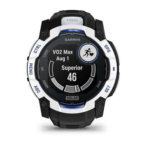 Instinct® 3 – 50 mm, Solar, Whitestone mit Schwarz/Bolt Blue Armband – Garmin