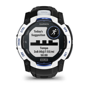Instinct® 3 – 50 mm, Solar, Whitestone mit Schwarz/Bolt Blue Armband – Garmin